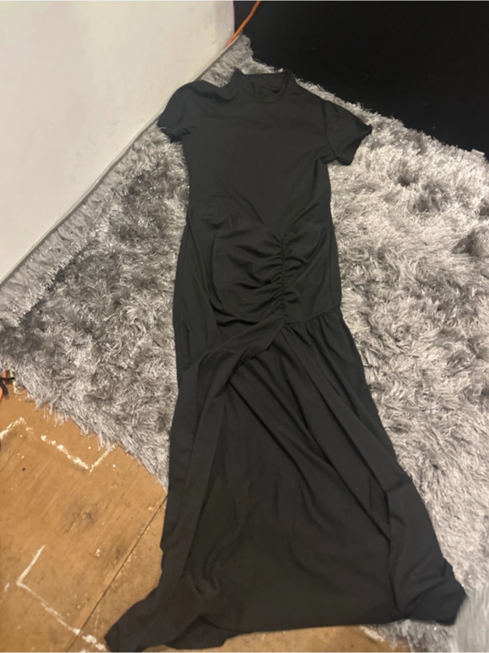 Black Ruched Short-Sleeve Maxi Dress
